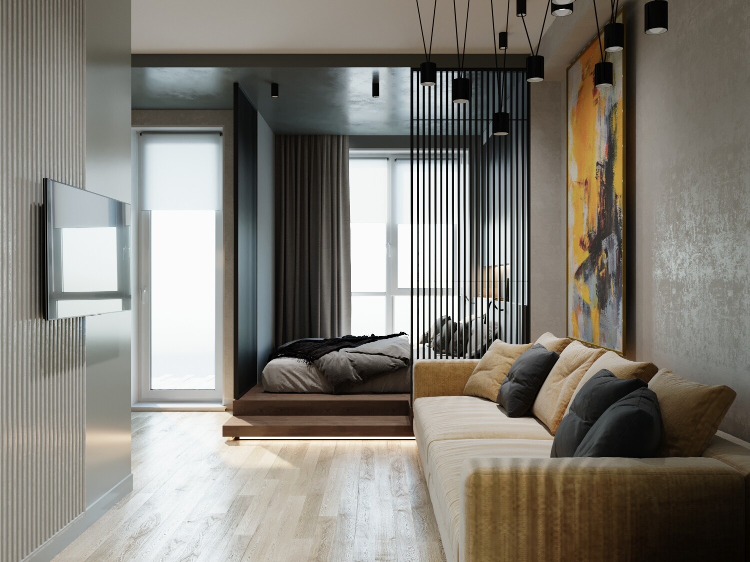 Дизайн квартиры в Сочи в стиле современный и минимализм. Прихожая гостиная
