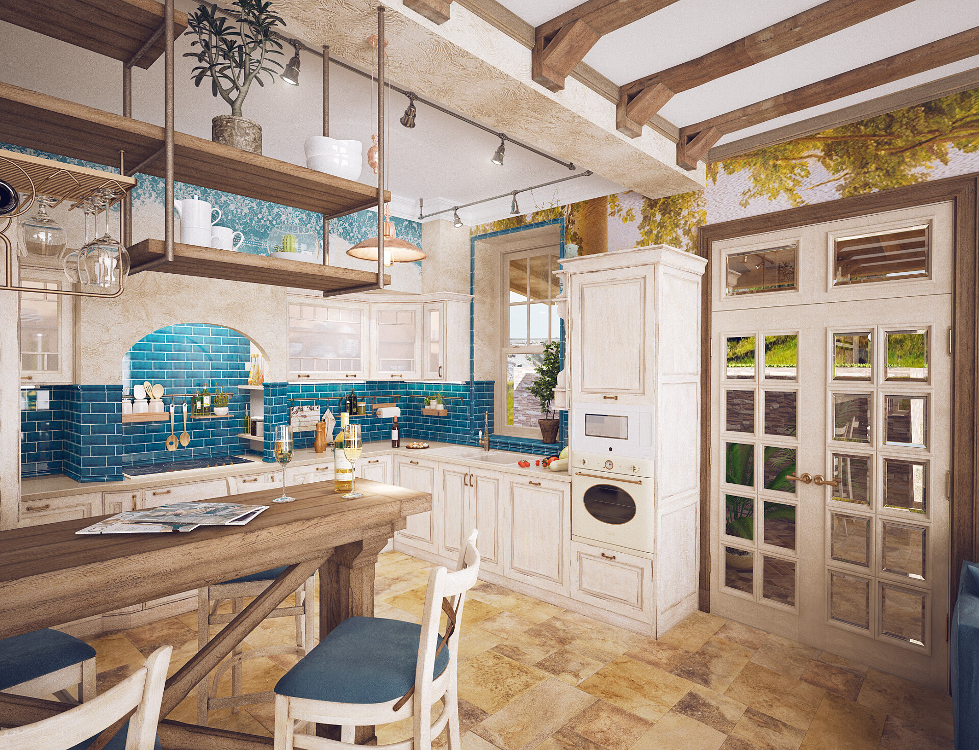 Дизайн квартиры в Сочи в стиле Прованс. Кухня и барная стойка