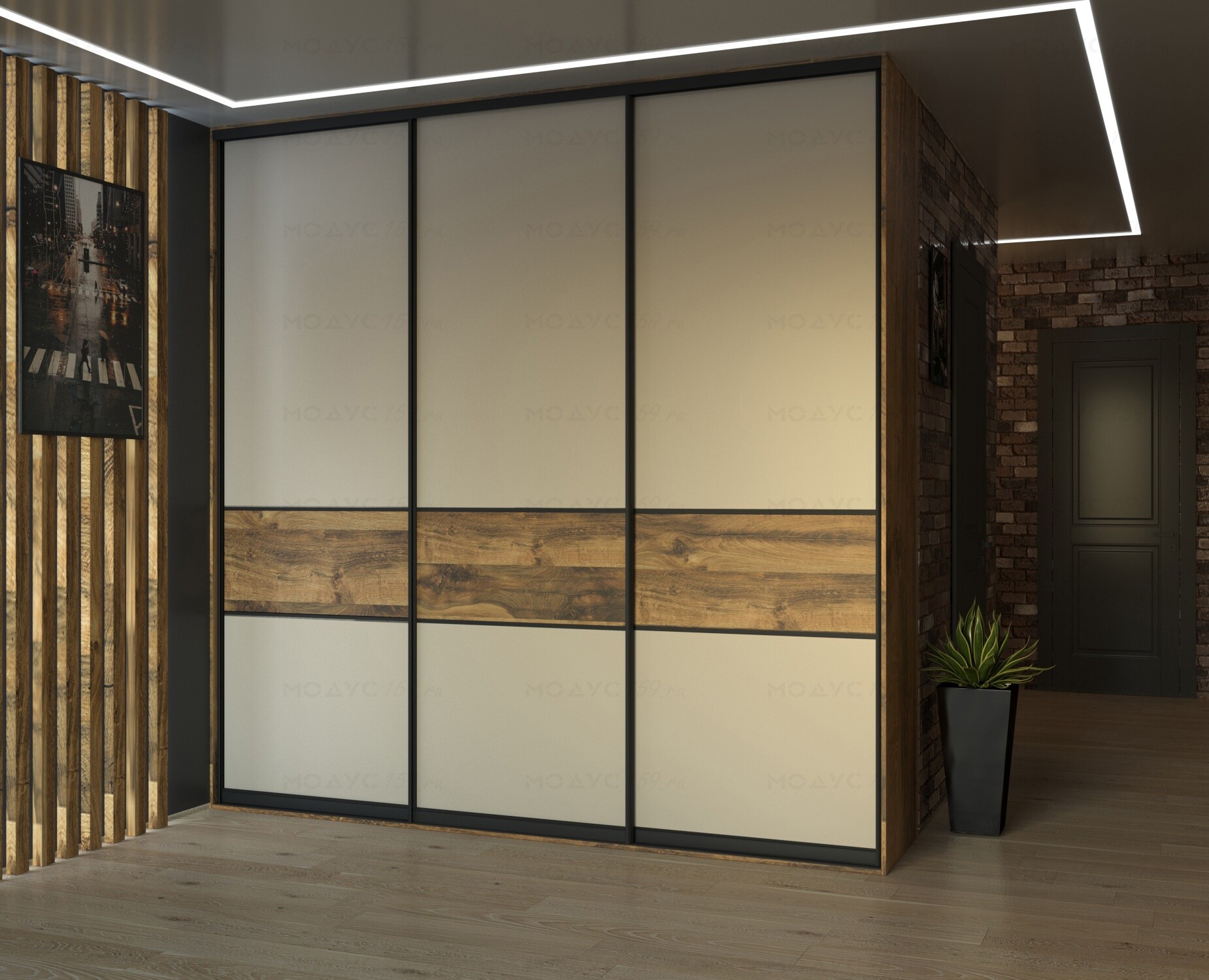 3D Проект Встроенный Шкаф-Купе Двери ЛДСП Со Вставками Мебель На Заказ Темнй Профиль Белый Дерево Дуб Хантон Модус159