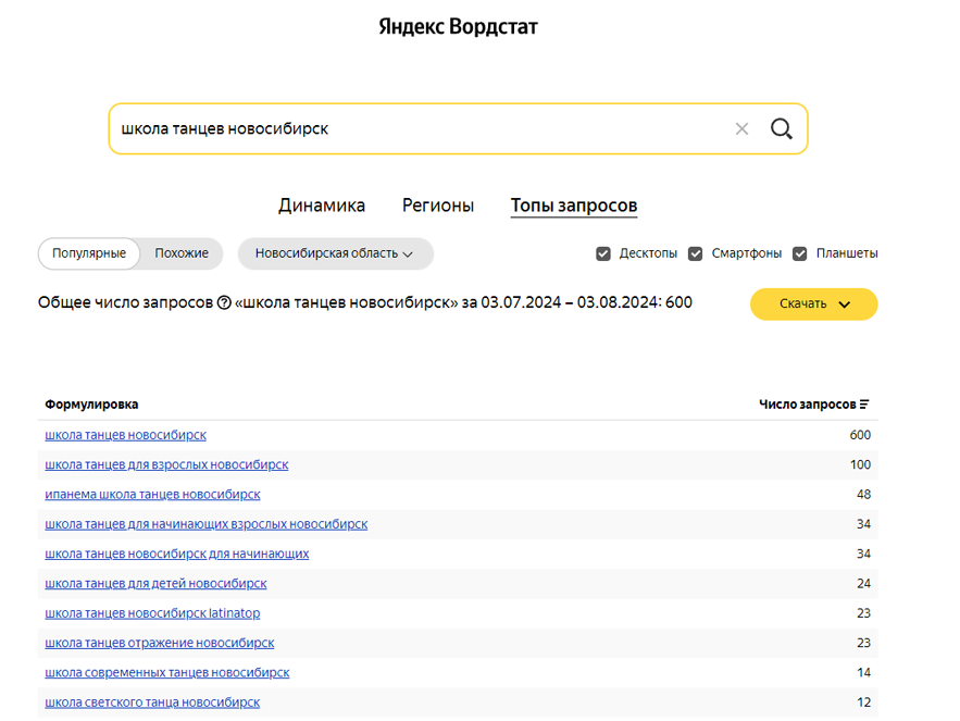 Как искать запросы в Яндекс.Вордстат для продвижения школы
