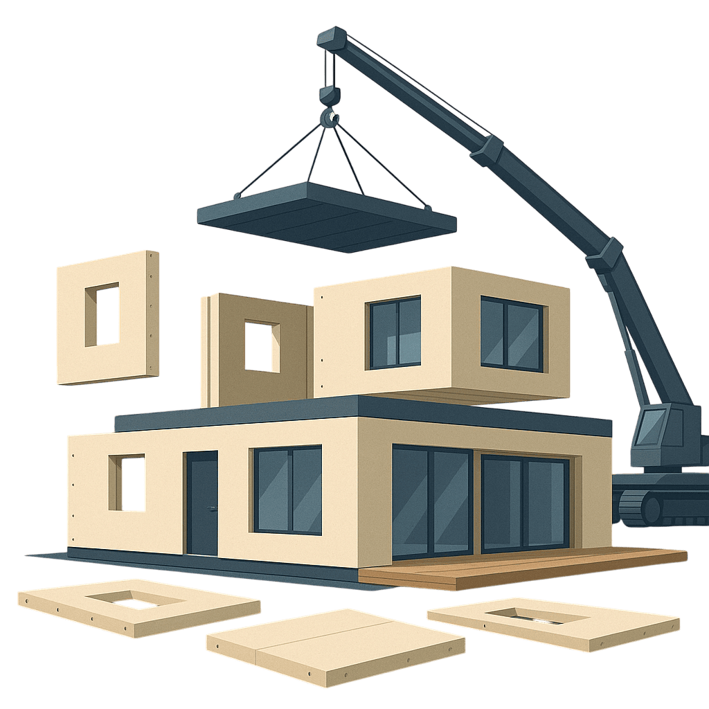 Модульный дом из prefab панелей (иллюстрация)