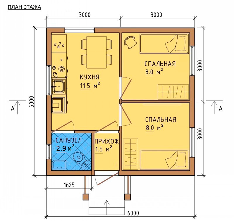 План каркасного дома 6х4