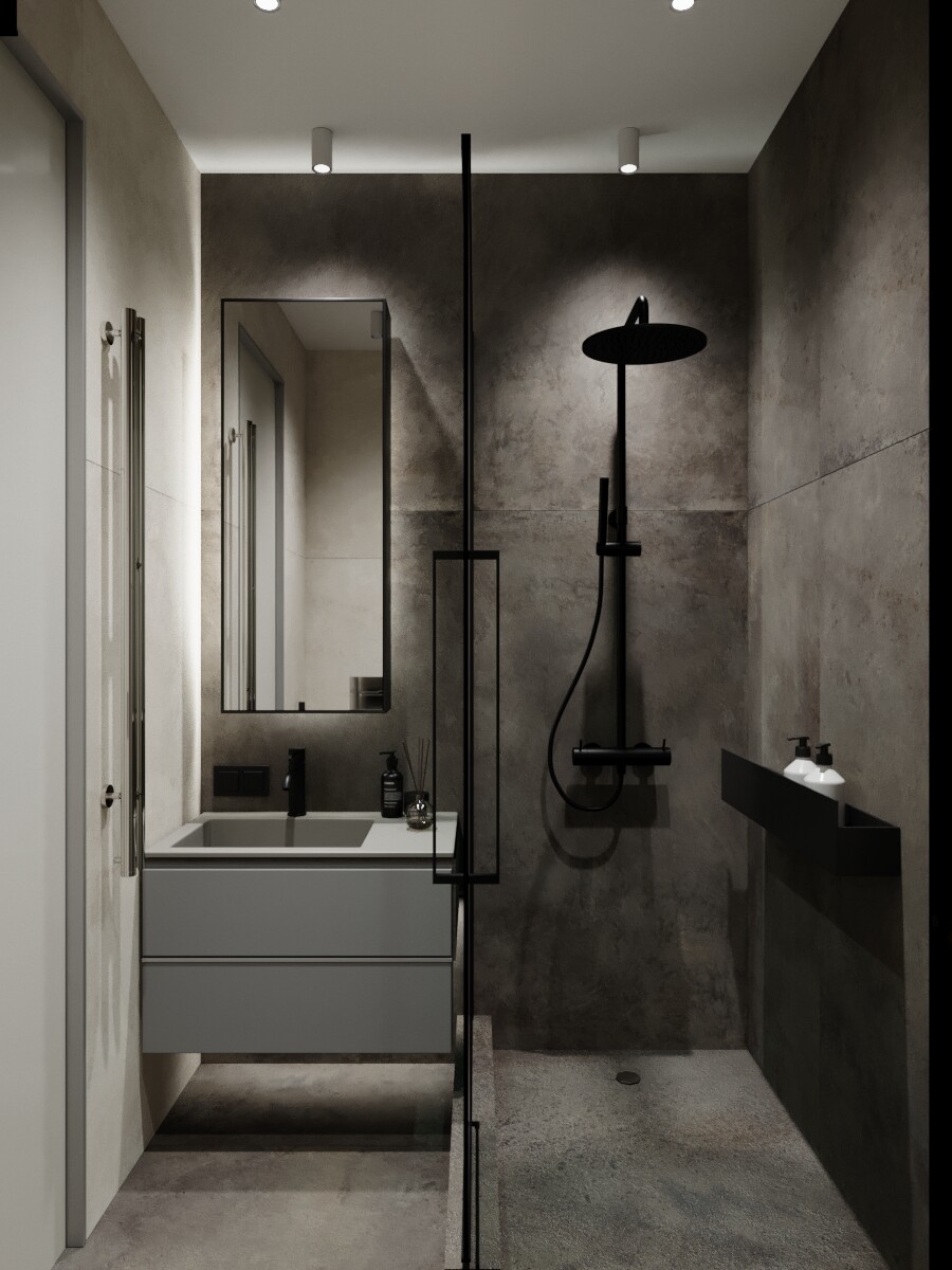 Дизайн квартиры в Сочи в стиле современный и минимализм. Туалет и раковина с зеркалом