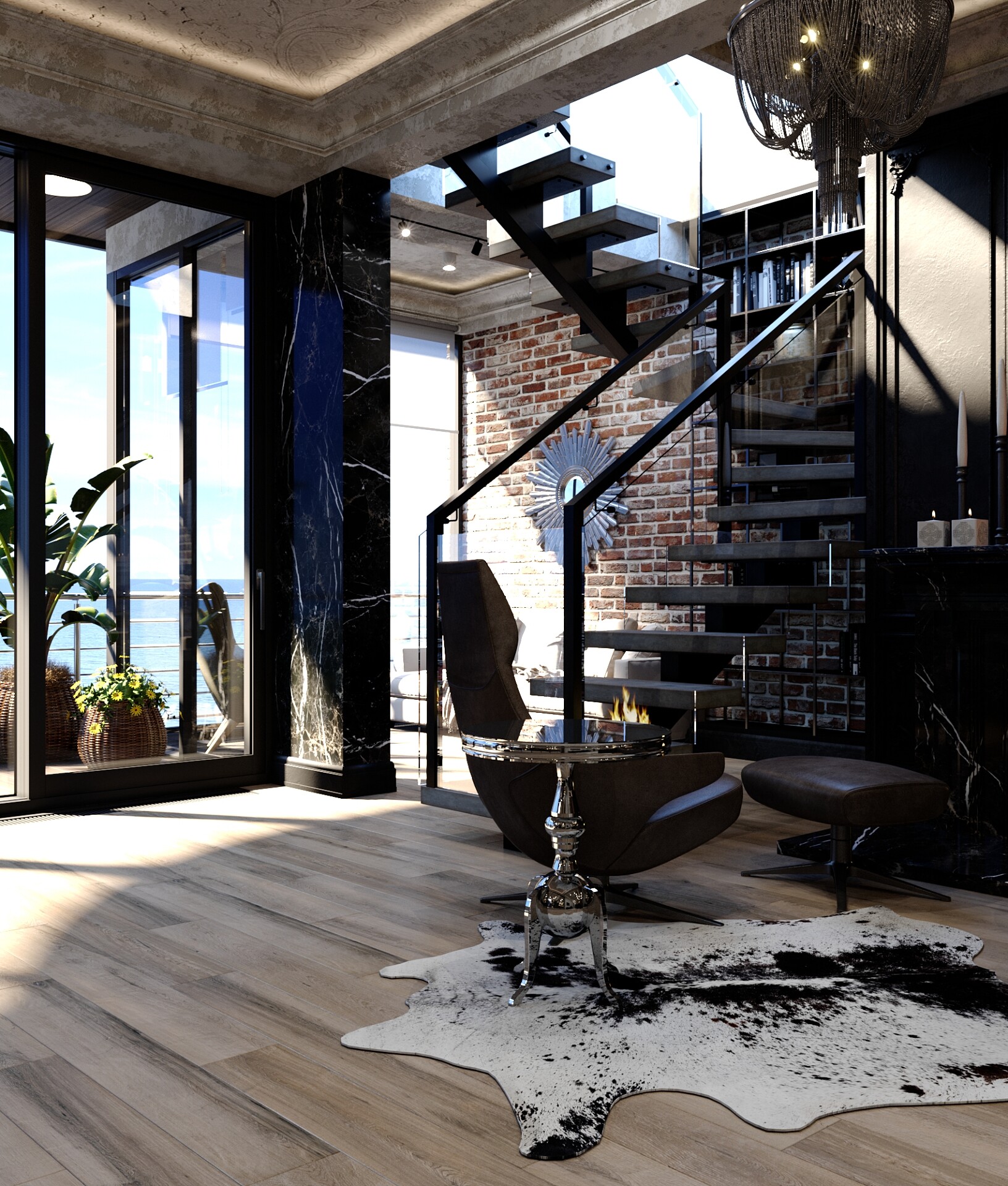 Дизайн квартиры в Сочи в стиле эко лофт и современный. Вид на лестницу и камин