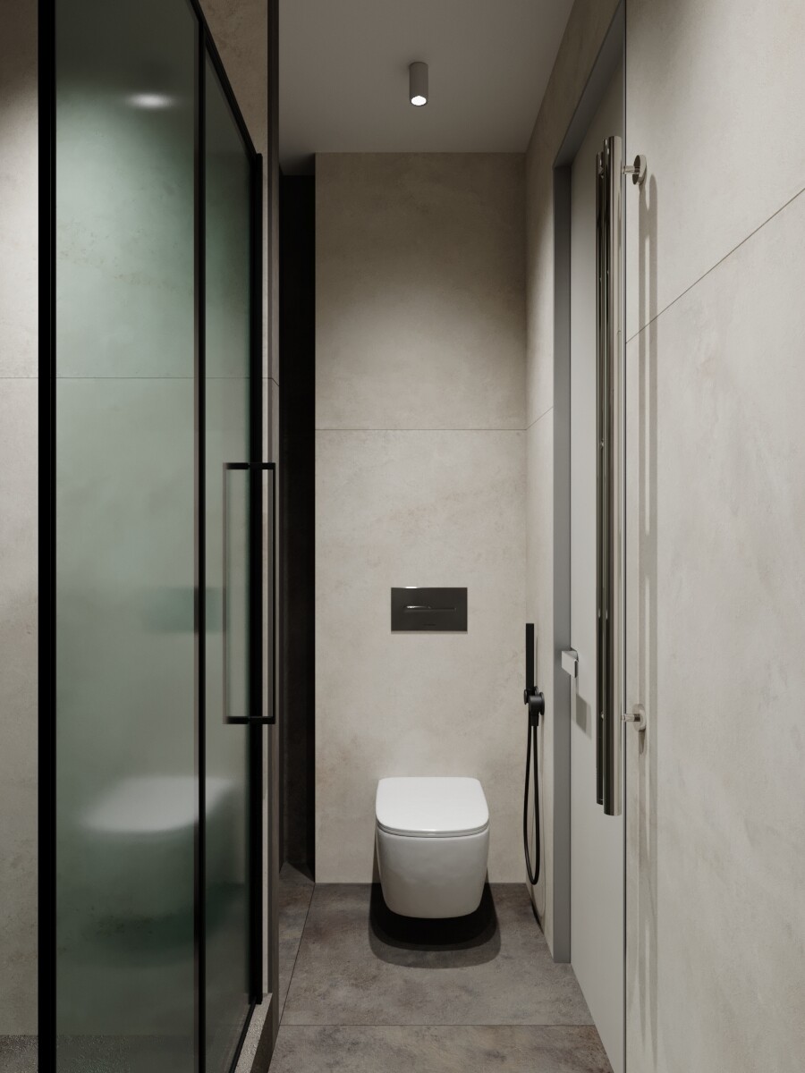 Дизайн квартиры в Сочи в стиле современный и минимализм. Туалет с душевой кабиной