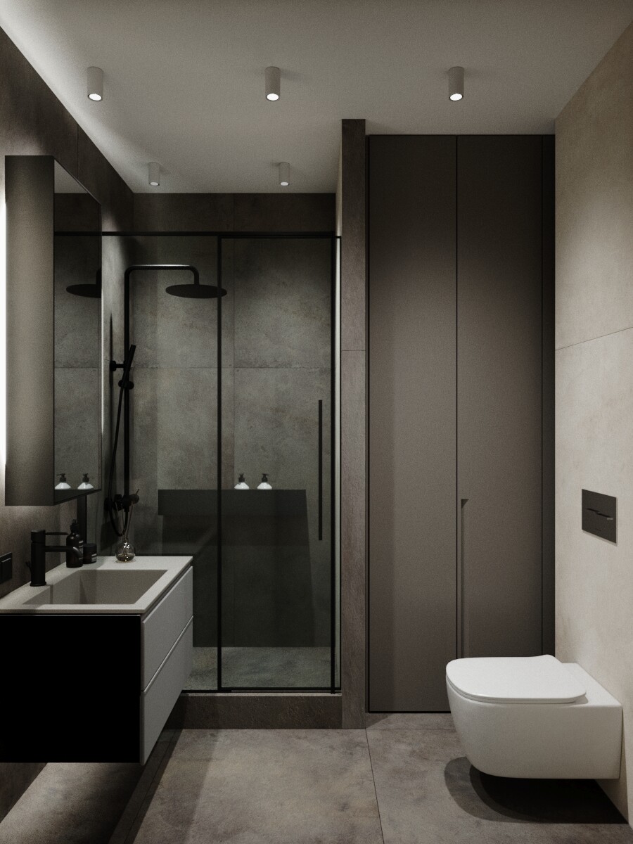 Дизайн квартиры в Сочи в стиле современный и минимализм. Туалет и место хранения