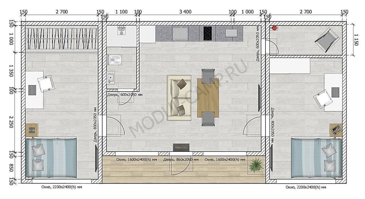 Проект модульного дома с планом и 3D-визуализацией