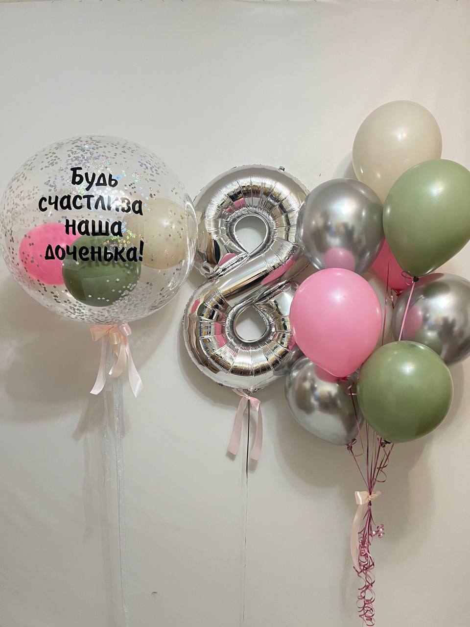 Композиция из воздушных шариков от 5000 руб. Сет №707 с цифрой и фонтанами. Южно-Сахалинск. Фабрика Смеха