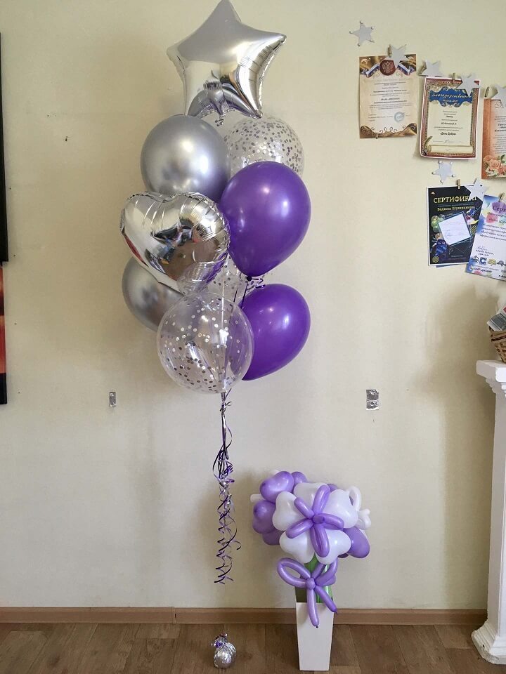 Акция. Фиолетовый фонтан из шаров, цветы в подарок. Набор №302 в Южно-Сахалинске. Фабрика Смеха. 