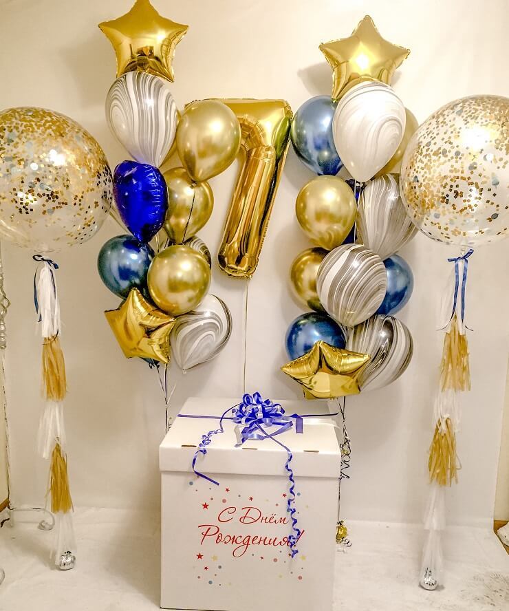 Композиция из воздушных шариков от 5000 руб. Сет №714 с большими шарами, фонтанами и подарочной коробкой. Южно-Сахалинск. Фабрика Смеха