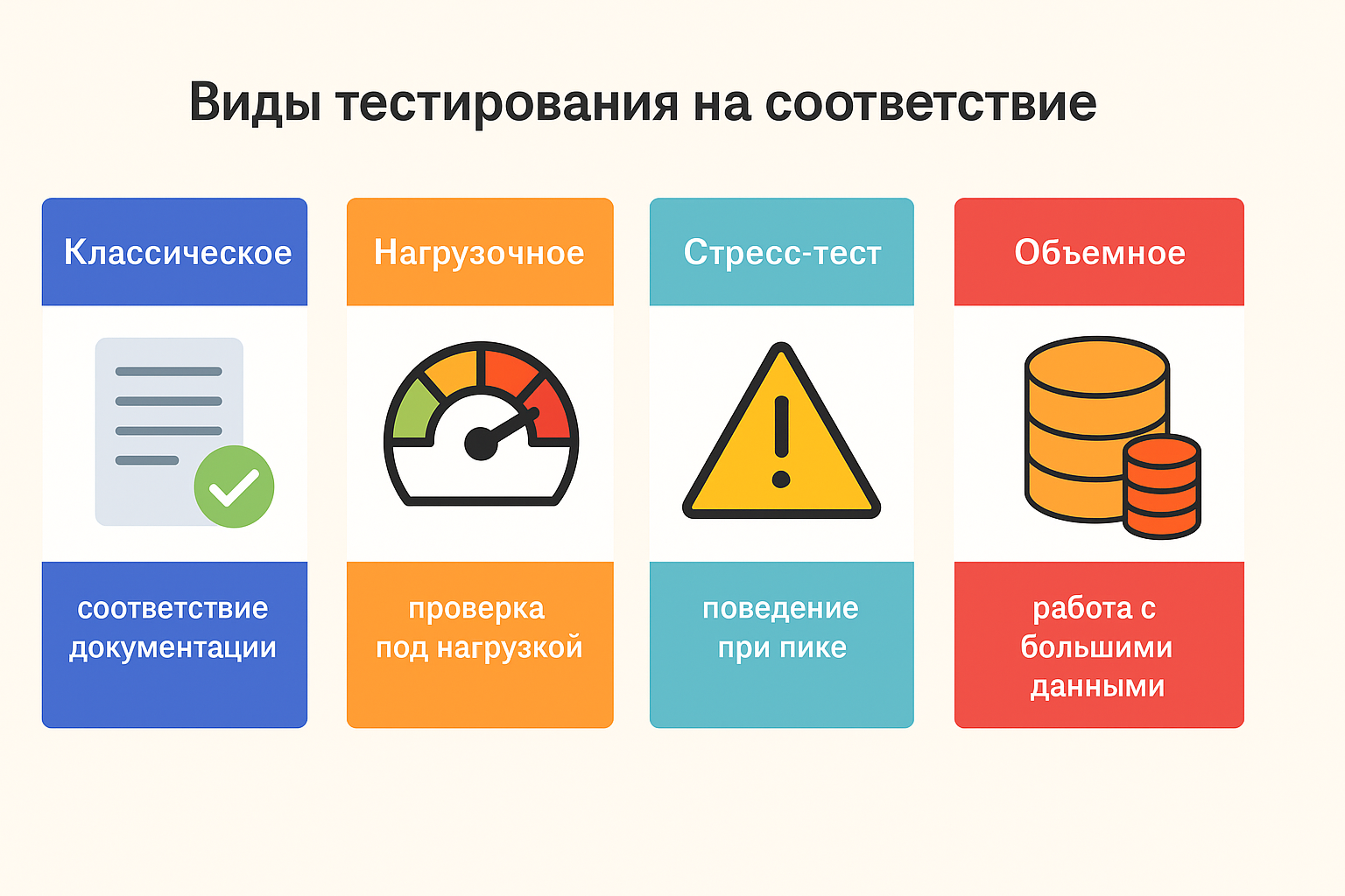 Инфографика на русском языке: виды тестирования на соответствие — классическое, нагрузочное, стресс-тестирование, объёмное