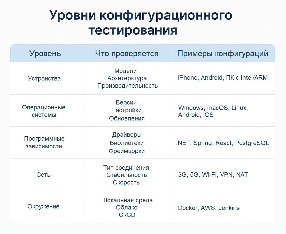 Таблица с уровнями конфигурационного тестирования: устройства, ОС, зависимости, сеть и окружение